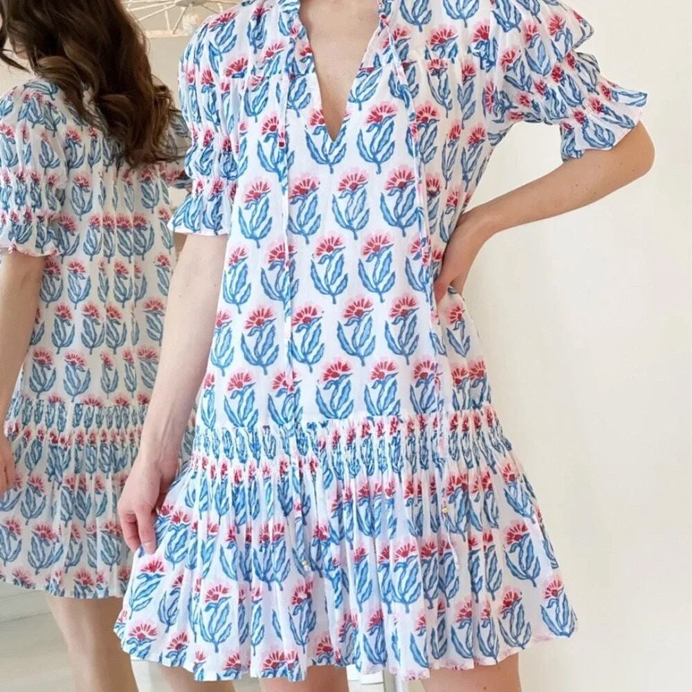 Oliphant Smocked Drop Waist Block Print Floral Mini Dress XXS Extra Extra Small